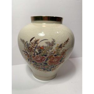 Vintage Vase Cream Flowers Gold Trim Japan